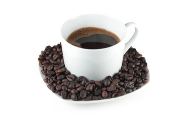 Cup of coffee with coffee beans