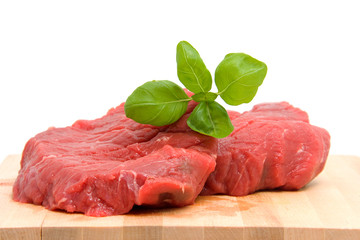 Raw steak on cutting board over white background