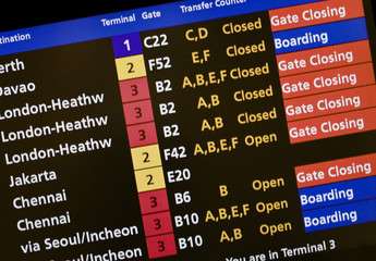 Departure board with destination and gate number on an airport