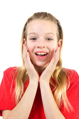 girl is looking surprised over white background