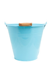 Empty blue bucket over white background