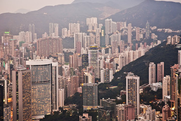 Skyline of Hong Kong City from the Peak in beautiful light