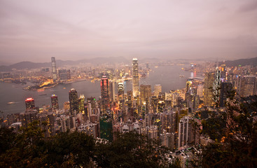 Fototapeta premium Skyline of Hong Kong City from the Peak in beautiful light
