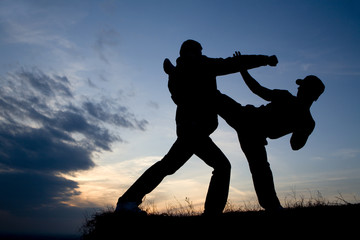 Fototapeta na wymiar karate training in evening - silhouette