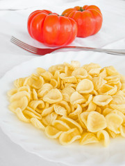 Orecchiette on white dish with fork and tomatoes.