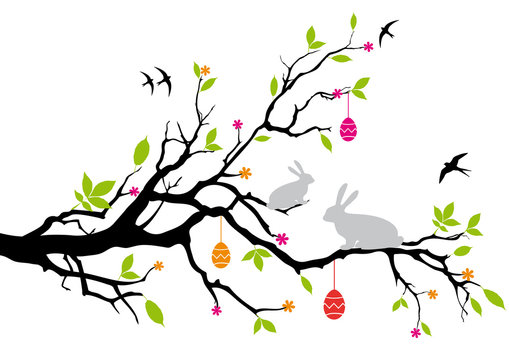 easter bunnies sitting on a spring tree, vector
