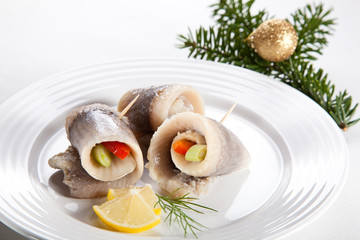 Marinated herring fillets with vegetables