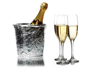 Champagne flutes and ice bucket