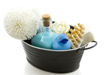 Bucket with bath products