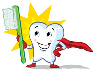 vector happy superhero healthy tooth, with toothbrush