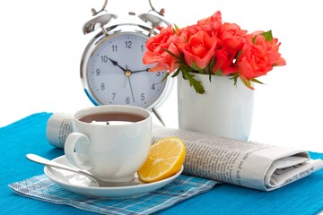 Alarm clock on breakfast table