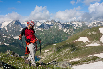 Hiker in Caucasus mountains