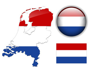 Holland flag, map and glossy button.