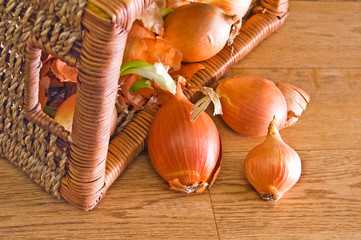 onions in a basket.