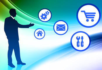 Businessman with Internet Icons on Abstract Color Background