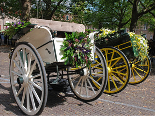 Fototapeta na wymiar Two traditional flower decorated dutch cabriolet carriages