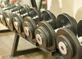 Fototapeta na wymiar Dumbbell weights on a rack