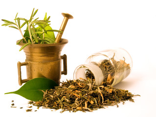 Mortar and pharmacy bottle, with herbs.