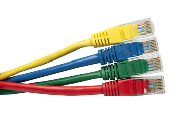 Set of four brightly multi coloured ethernet network cables