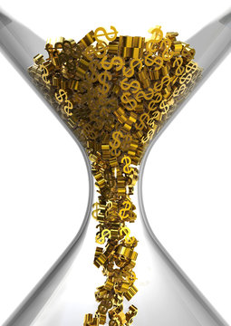 Hourglass with dollars, time is money concept