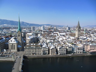 Naklejka premium View of Zürich from the Grossmünster in Winter 1