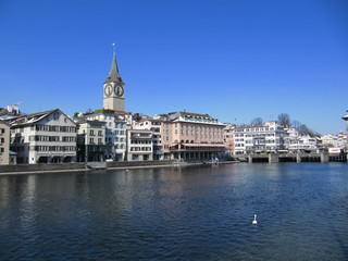 View on the St. Peterskirche and the Limmat in Zuerich
