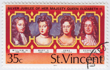 stamp printed in ST.Vincent shows UK Kings and Queen