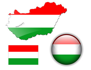 Hungary  flag, map and glossy button.