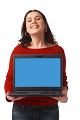 Woman Holding and Showing Open Laptop