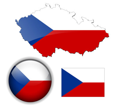 Czech Republic  Flag, Map And Glossy Button.