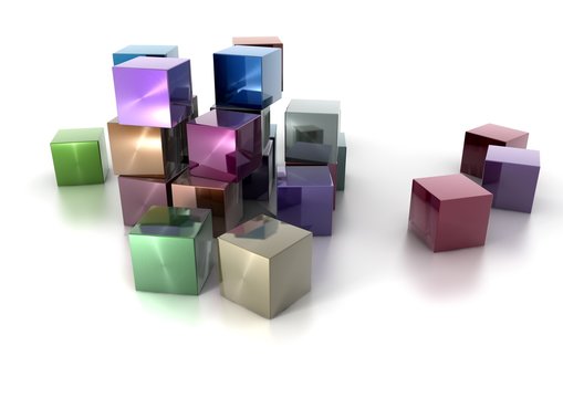 Colorful metallic cubes on white background