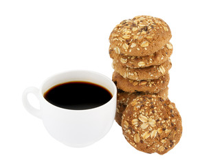 Oatmeal cookies and coffee cup isolated
