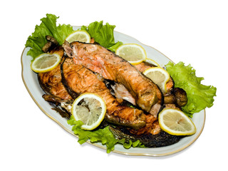 grilled salmon with vegetables, isolated on white background