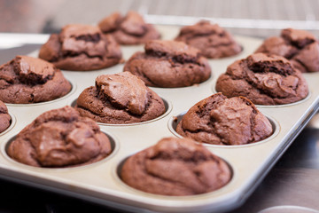 Freshly baked chocolate muffins