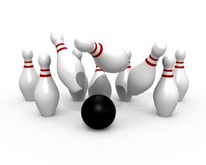 Bowling ball hitting the pins - 3d image
