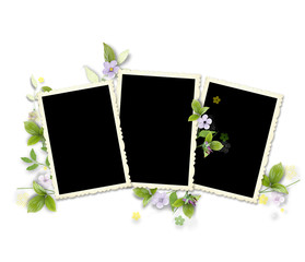 Frame for three photos with artificial flowers