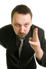 businessman in suit shows his hand