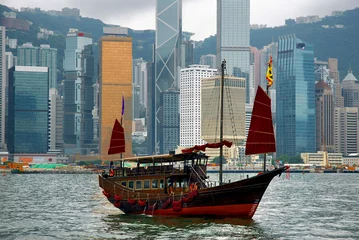 Acrylic prints Hong-Kong China, junk in Hong Kong harbor