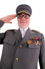 Uniformed soviet soldier in eyeglasses salute