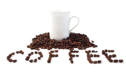 Grains of coffee with a white cup