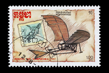 Cambodian mail stamp featuring the da Vinci glider