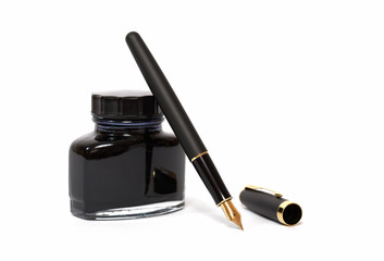 fountain pen with ink bottle