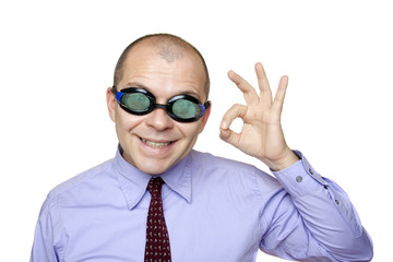 Crazy businessman with swimming goggles