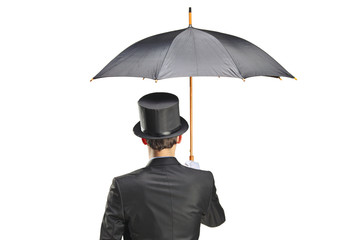 Young man with gloves holding an umbrella isolated on white