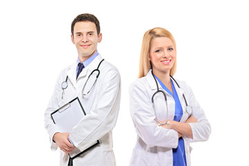 A portrait of a medical team of doctors, woman and man