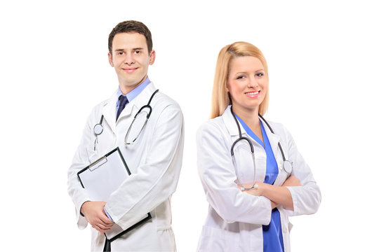 A portrait of a medical team of doctors, woman and man