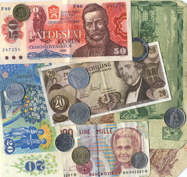 closeup of vintage european currency