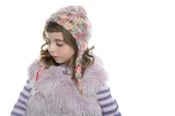 Winter little girl wool hood and fur coat