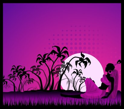 summer banner with tropical palms and African girl