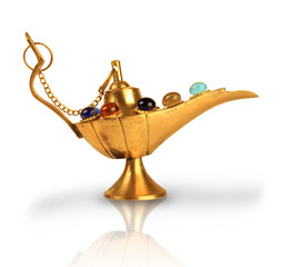 Aladdin's magic lamp with pearls isolated on white